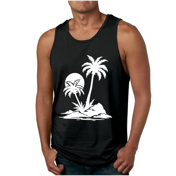ZCFZJW Men's Cotton Workout Tank Tops Quick Dry Gym Bodybuilding Training Fitness Sleeveless Summer Tropical Palm Tree Print Muscle T Shirts Black XL