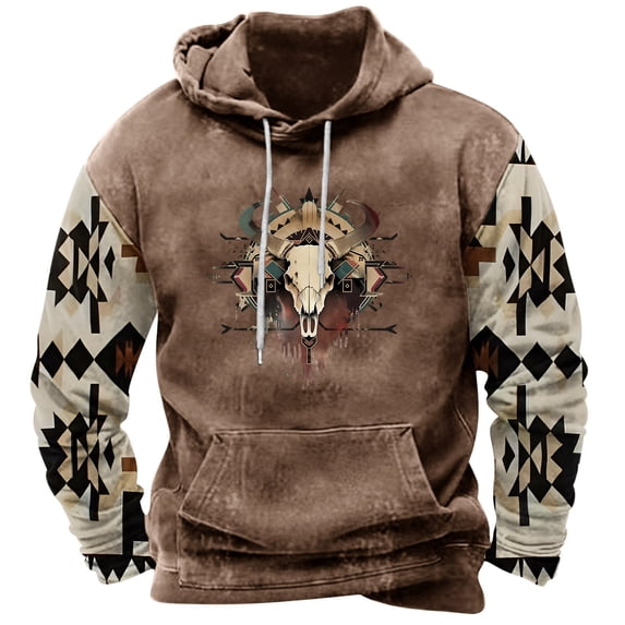 ZCFZJW Men's Cowboy Hoodie Sweatshirt Vintage Western Jacket for Men Big and Tall Regular Fit Casual Long Sleeve Drawstring Pullover with Pocket Khaki L