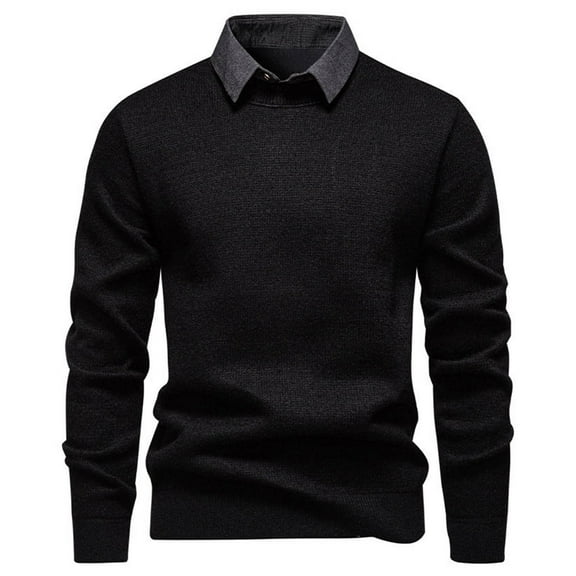 ZCFZJW Men's Crewneck Sweater Fake Two Piece Casual Dress Collared Pullover Sweater Slim Fit Lightweight Long Sleeve Raglan Sweaters Black XL