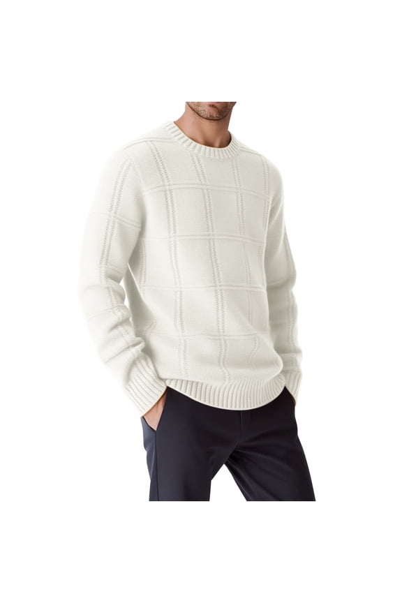 Men's Crewneck Sweater Soft Casual Long Sleeve Cable Knitted Sweaters Fall Winter Thermal Warm Classic Pullover Sweaters with Ribbing Edge White M