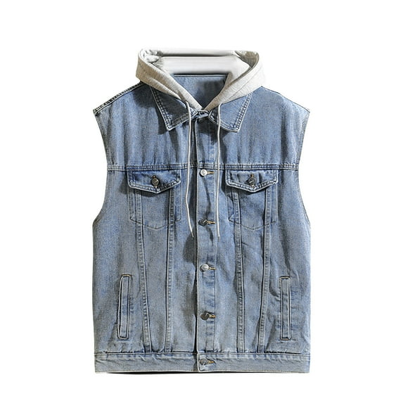 ZCFZJW Men's Denim Hooded Vest Jean Vest Drawstring Button up Plus Size Sleeveless Denim Motorcycle Hoodie Outwear Jackets with Pockets Blue L