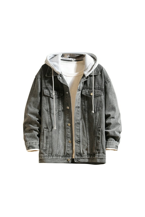 Men's Denim Hoodie Jacket Casual Drawstring Long Sleeve Button Down Jeans Coat Windproof Hip Hop Trucker Hooded Jackets with Pockets Gray XXXXL