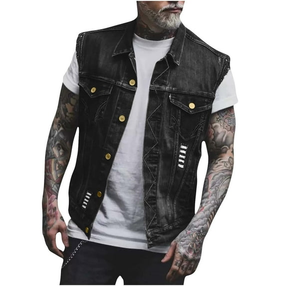 ZCFZJW Men's Denim Vest Casual Slim Fit Sleeveless Button up Jacket Vintage Ripped Summer Jean Vests with Pockets Black XS