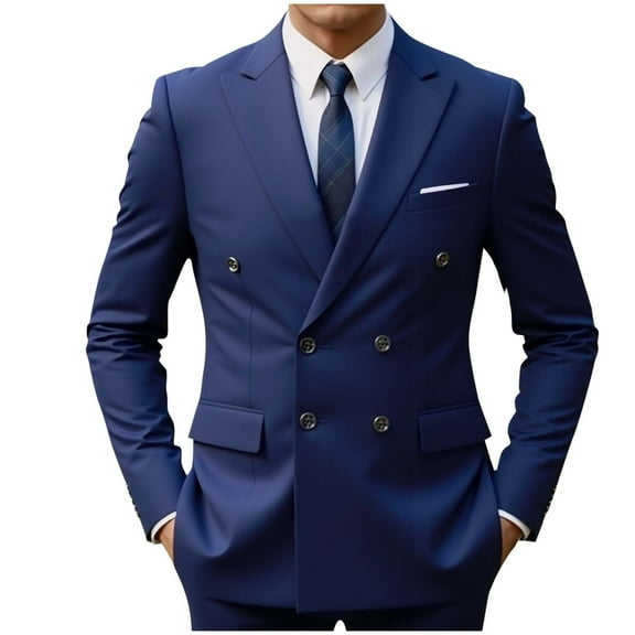 ZCFZJW Men's Double-Breasted Suit Blazer Casual Long Sleeve Slim Fit Solid Color Sport Coat Jacket for Business, Wedding, Prom & Formal Events Navy M