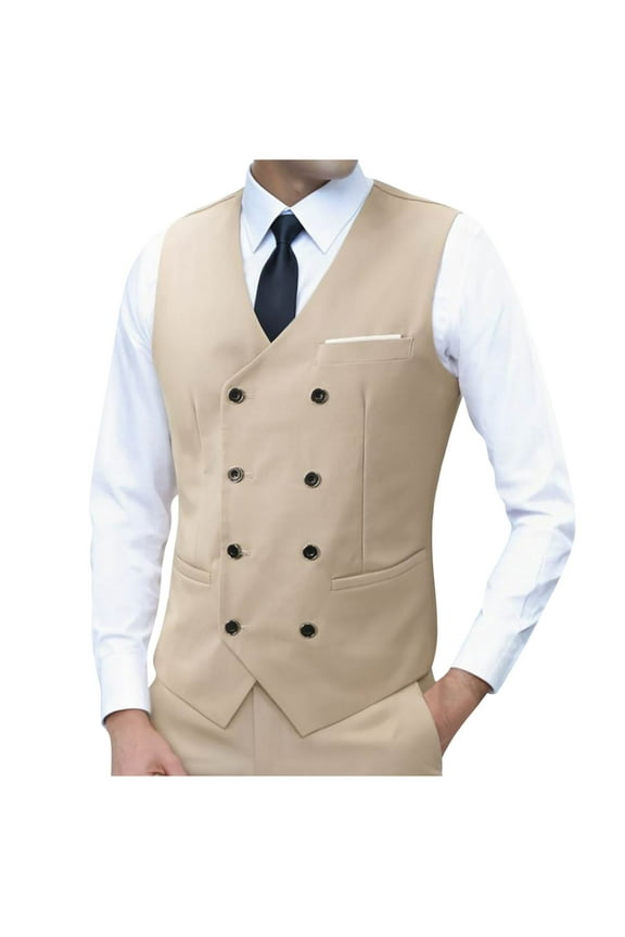 Men's Double Breasted Suit Vests, Casual Business Vests, Slim Fit V-Neck Shawl Lapel Waistcoat,for Wedding Groom Dating Beige XXL