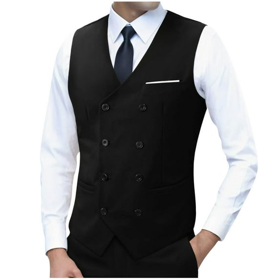 ZCFZJW Men's Double Breasted Suit Vests, Casual Business Vests, Slim Fit V-Neck Shawl Lapel Waistcoat,for Wedding Groom Dating Black M