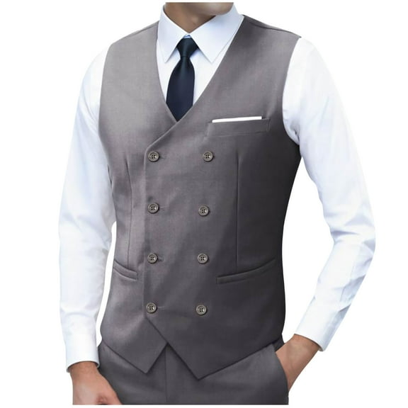 ZCFZJW Men's Double Breasted Suit Vests, Casual Business Vests, Slim Fit V-Neck Shawl Lapel Waistcoat,for Wedding Groom Dating Gray XXXL
