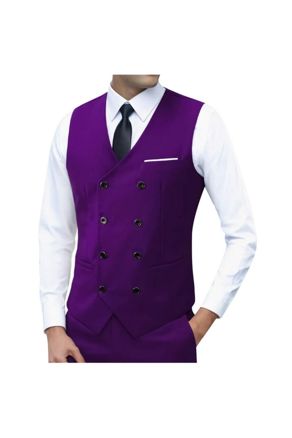 Men's Double Breasted Suit Vests, Casual Business Vests, Slim Fit V-Neck Shawl Lapel Waistcoat,for Wedding Groom Dating Purple S