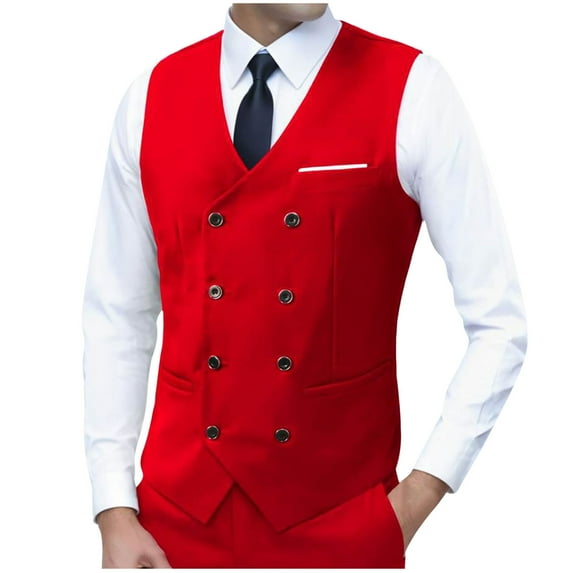 ZCFZJW Men's Double Breasted Suit Vests, Casual Business Vests, Slim Fit V-Neck Shawl Lapel Waistcoat,for Wedding Groom Dating Red L