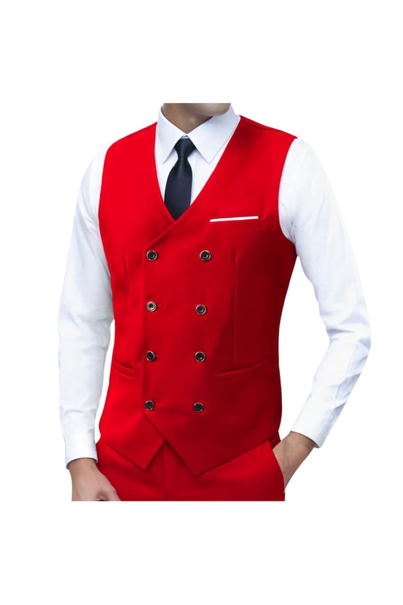 Men's Double Breasted Suit Vests, Casual Business Vests, Slim Fit V-Neck Shawl Lapel Waistcoat,for Wedding Groom Dating Red M
