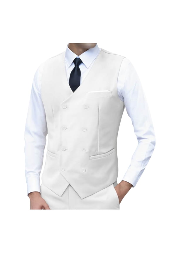 Men's Double Breasted Suit Vests, Casual Business Vests, Slim Fit V-Neck Shawl Lapel Waistcoat,for Wedding Groom Dating White XXXL