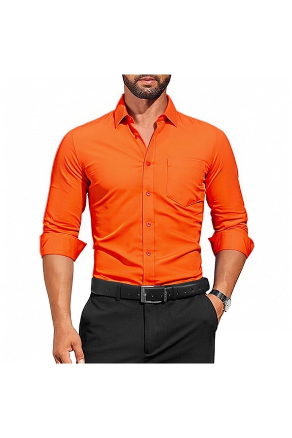 Men's Dress Shirt Solid Long Sleeve Wrinkle Free Formal Shirt Business Button Down Stretch Stain Shirts with Pocket Orange L