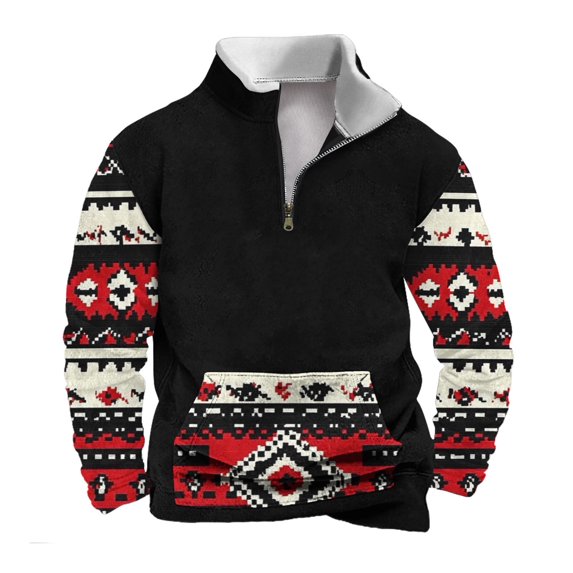 ZCFZJW Men's Fashion 2024 Ethnic Style Printed Sweatshirts Big and Tall Regular Fit Casual Vintage Aztec Pattern Graphic 1/4 Zip up Stand Collar Warm Jacket Shirts with Pocket Black XXXXL