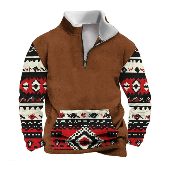 ZCFZJW Men's Fashion 2024 Ethnic Style Printed Sweatshirts Big and Tall Regular Fit Casual Vintage Aztec Pattern Graphic 1/4 Zip up Stand Collar Warm Jacket Shirts with Pocket Khaki L