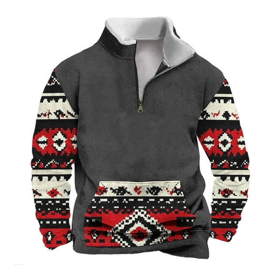 ZCFZJW Men's Fashion 2024 Ethnic Style Printed Sweatshirts Big and Tall Regular Fit Casual Vintage Aztec Pattern Graphic 1/4 Zip up Stand Collar Warm Jacket Shirts with Pocket Gray XXXXL