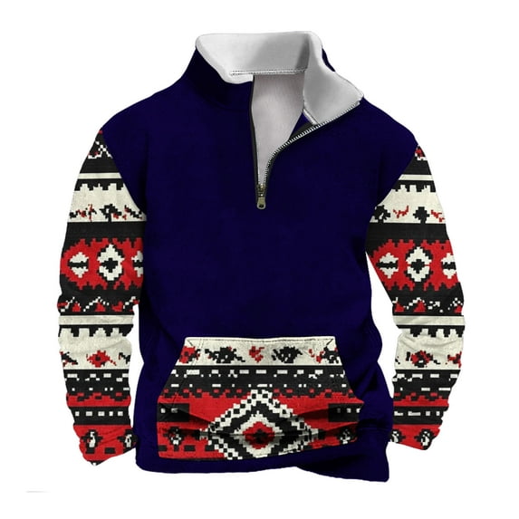 ZCFZJW Men's Fashion 2024 Ethnic Style Printed Sweatshirts Big and Tall Regular Fit Casual Vintage Aztec Pattern Graphic 1/4 Zip up Stand Collar Warm Jacket Shirts with Pocket Dark Blue XXXXL
