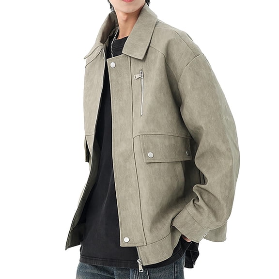 ZCFZJW Men's Faux Leather Coat Oversize Trend Collared Bomber Jackets Long Sleeve Washed PU Jacket for Spring Vintage Classic Fit Coats Street Wear with Zipper Pockets Khaki XXXL