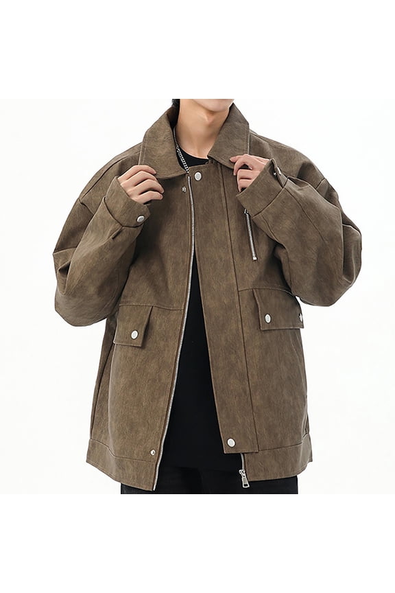 Men's Faux Leather Coat Oversize Trend Collared Bomber Jackets Long Sleeve Washed PU Jacket for Spring Vintage Classic Fit Coats Street Wear with Zipper Pockets Brown XXL
