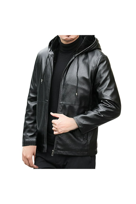 Men's Faux Leather Jacket Motorcycle Jacket Waterproof Windproof PU Moto Vintage Sherpa Fleece Lined Warm Bomber Hoodie with Pockets Black L