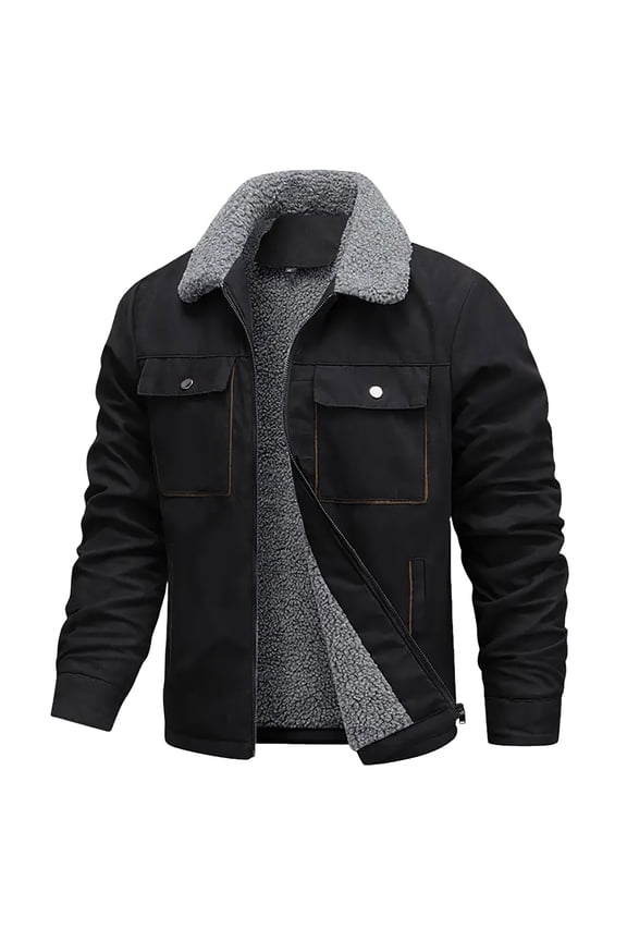 Men’s Faux Suede Flight Bomber Jacket Vintage Winter Plush Thick Warm Coats Full Zip up Long Sleeve Sherpa Fleece Lined Leather Jackets with Cargo Pockets Black XL