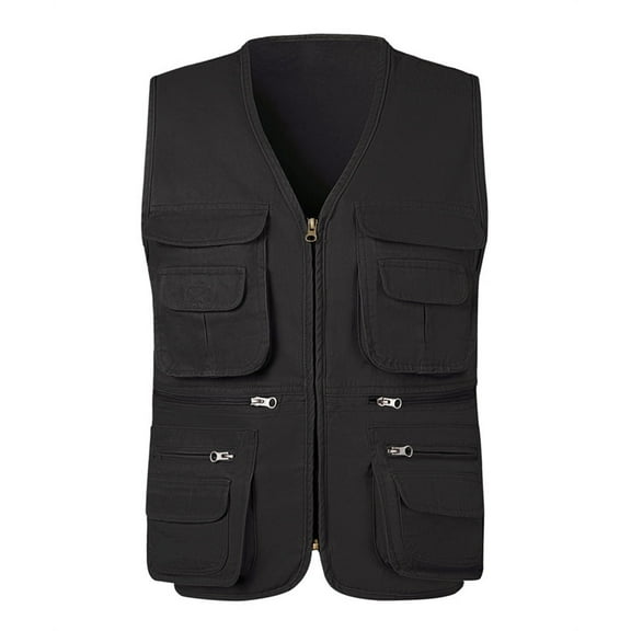 ZCFZJW Men’s Fishing Vest Trendy Fall Sleeveless Outdoor Work Safari Travel Photo Vest with Multi Pockets Black L
