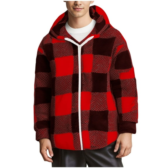 ZCFZJW Men's Flannel Fleece Jacket Sherpa Lined Shirt Jacket Plaid Zip Up Casual Long Sleeve Hoodie Winter Plush Thick Warm Outwear Coats with Hood Red M