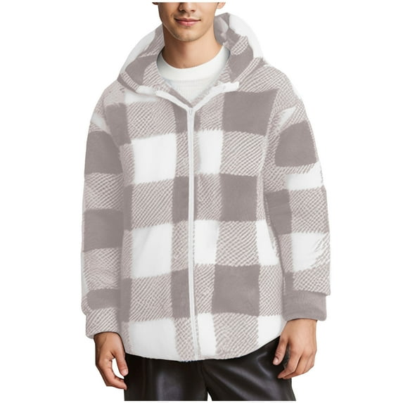 ZCFZJW Men's Flannel Fleece Jacket Sherpa Lined Shirt Jacket Plaid Zip Up Casual Long Sleeve Hoodie Winter Plush Thick Warm Outwear Coats with Hood White XL