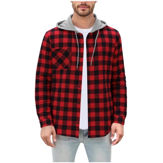 ZCFZJW Men's Flannel Hoodie Plaid Shirt Casual Long Sleeve Splicing Drawstring Button Down Hooded T-Shirts Jacket Lightweight Fall Spring Shacket Red XL