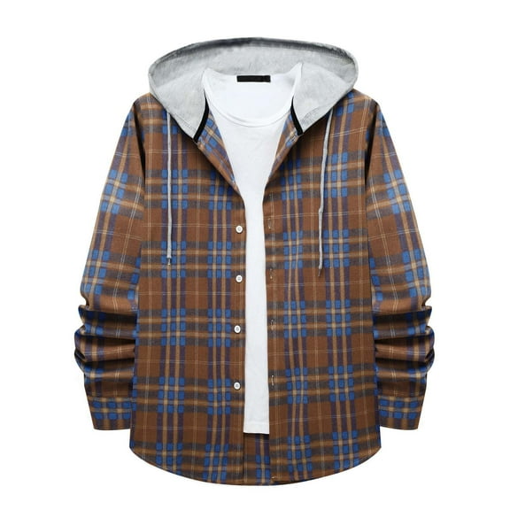 ZCFZJW Men's Flannel Plaid Hooded Shirts Casual Long Sleeve Button Down Regular Fit Hooded Shirt Lightweight Thin Jackets Blue#02 XXL