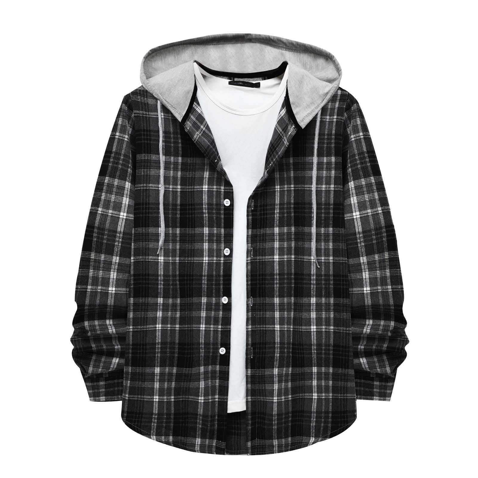 ZCFZJW Men's Flannel Plaid Hooded Shirts Casual Long Sleeve Button Down  Regular Fit Hooded Shirt Lightweight Thin Jackets Gray XXL