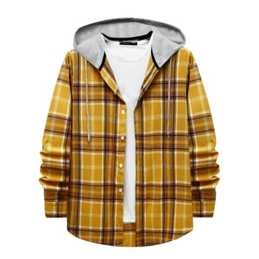 ZCFZJW Men's Flannel Plaid Hooded Shirts Casual Long Sleeve Button Down Regular Fit Hooded Shirt Lightweight Thin Jackets Gray XXL