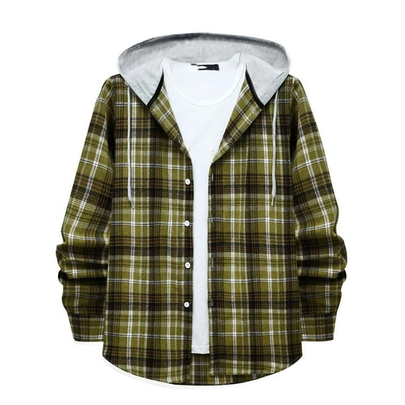 ZCFZJW Men's Flannel Plaid Hooded Shirts Casual Long Sleeve Button Down Regular Fit Hooded Shirt Lightweight Thin Jackets Green XXL