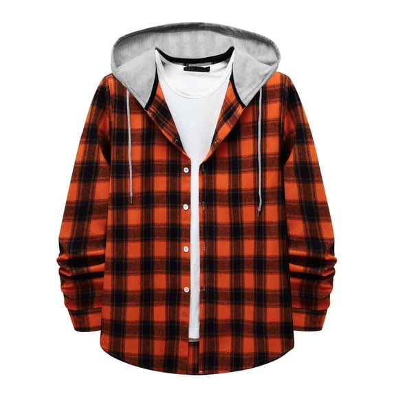 ZCFZJW Men's Flannel Plaid Hooded Shirts Casual Long Sleeve Button Down Regular Fit Hooded Shirt Lightweight Thin Jackets Orange#01 M