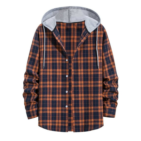ZCFZJW Men's Flannel Plaid Hooded Shirts Casual Long Sleeve Button Down Regular Fit Hooded Shirt Lightweight Thin Jackets Orange#07 XXL