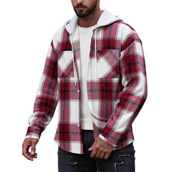 ZCFZJW Men's Flannel Plaid Hoodie Shirts Winter Fall Plush Thick Warm Long Sleeve Drawstring Casual Vintage Button Down Splicing Hooded Outwear Shirt Jacket with Pocket Wine XL