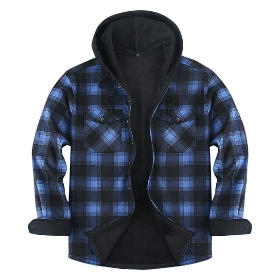 ZCFZJW Men's Flannel Plaid Jacket Long Sleeve Sherpa Lined Drawstring Hoodies Casual Button Fleece Shirt Jackets Winter Outdoor Coat Thick Velvet Warm Hooded Outwear with Pockets Blue L