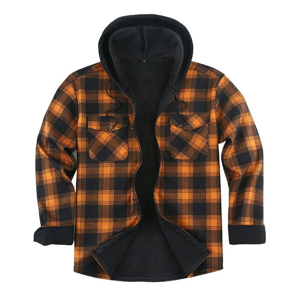 ZCFZJW Men's Flannel Plaid Jacket Long Sleeve Sherpa Lined Drawstring Hoodies Casual Button Fleece Shirt Jackets Winter Outdoor Coat Thick Velvet Warm Hooded Outwear with Pockets Yellow M