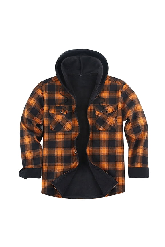 Men's Flannel Plaid Jacket Long Sleeve Sherpa Lined Drawstring Hoodies Casual Button Fleece Shirt Jackets Winter Outdoor Coat Thick Velvet Warm Hooded Outwear with Pockets Yellow XL