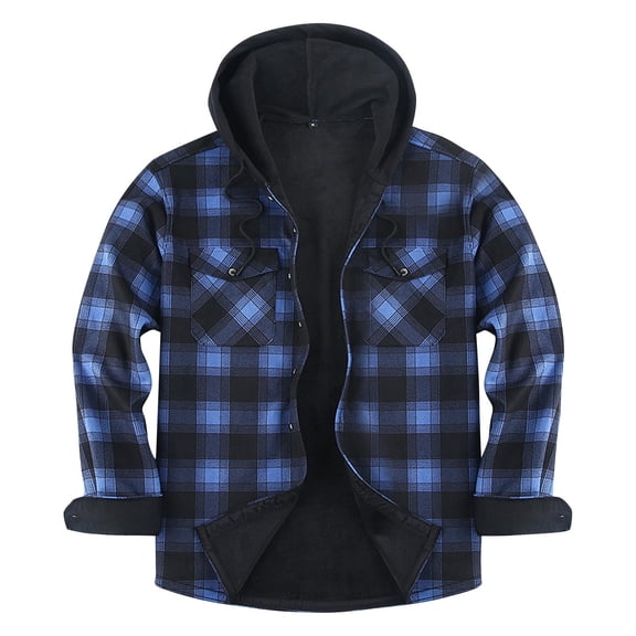 ZCFZJW Men's Flannel Plaid Jacket Long Sleeve Sherpa Lined Drawstring Hoodies Casual Button Fleece Shirt Jackets Winter Outdoor Coat Thick Velvet Warm Hooded Outwear with Pockets Blue XXXL