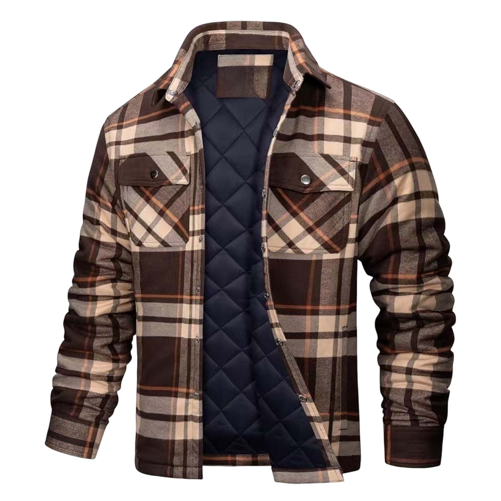 ZCFZJW Men's Flannel Plaid Shirt Jacket Quilted Lined Long Sleeve