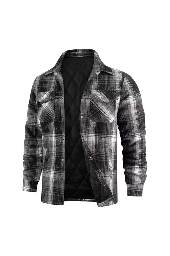 Men's Flannel Plaid Shirt Jacket Quilted Lined Long Sleeve Snap Button Down Shacket Jacket Lightweight Cardigan Outwear Coat with Pockets Dark Gray XXL
