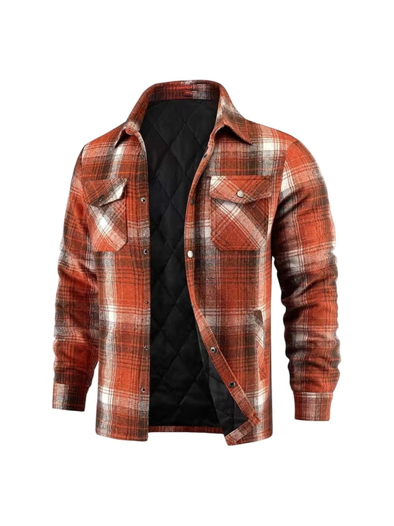 Men's Flannel Plaid Shirt Jacket Quilted Lined Long Sleeve Snap Button Down Shacket Jacket Lightweight Cardigan Outwear Coat with Pockets Orange XL