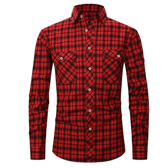 ZCFZJW Men's Flannel Plaid Shirts Fall Winter Regular Fit Cotton Button Down Casual Long Sleeve Shirts Flannel Jackets with Double Pockets Red S