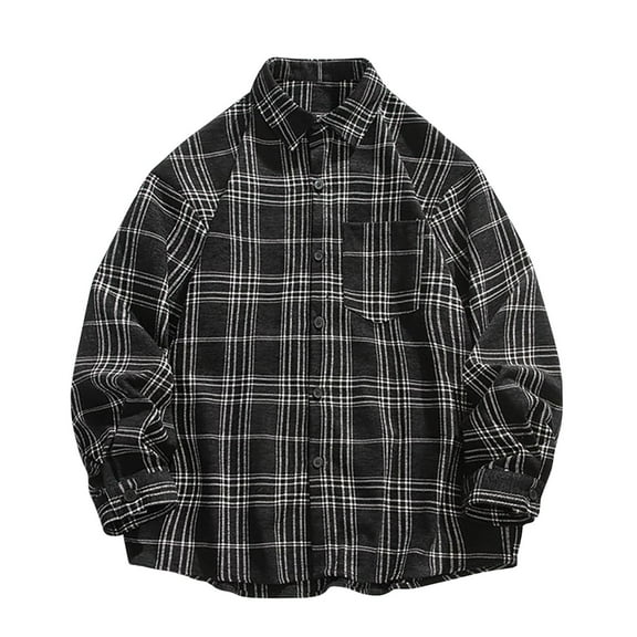 ZCFZJW Men's Flannel Shirts Casual Button Down Plaid Shirt Jacket Long Sleeve Fleece Shacket with Pockets Big and Tall Regular Fit Cotton Shirts Black XXL