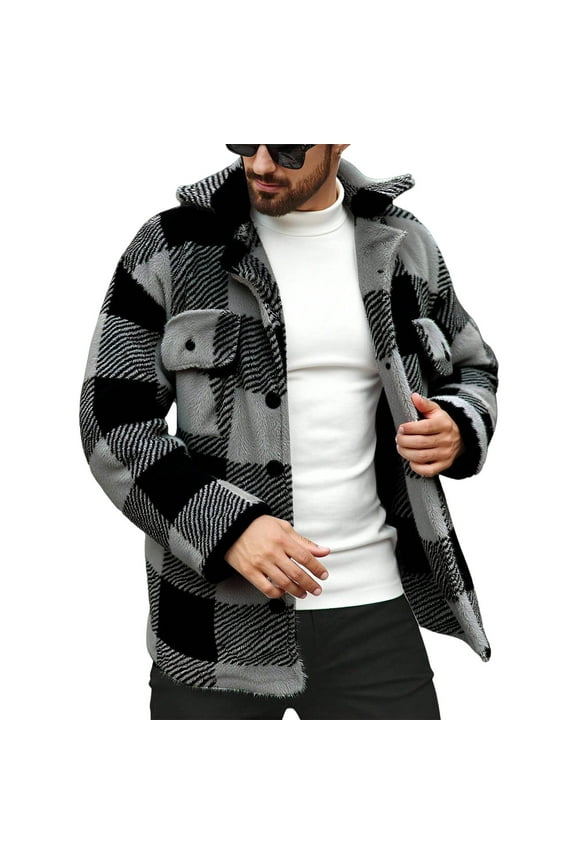 Men's Flannel Shirts Fall Winter Thick Warm Casual Button Down Plaid Shirt Jacket Long Sleeve Fleece Shacket with Pockets Dark Gray XL
