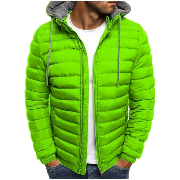 ZCFZJW Men's Fleece Lined Hooded Winter Puffer Jacket Loose Lightweight Casual Solid Color Long Sleeve Full Zip up Warm Cotton Padded Outwear Coat for Cold Weather Olive Green L
