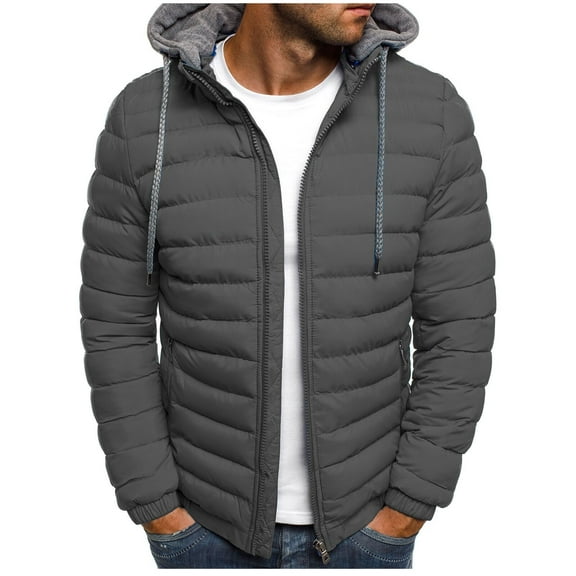 ZCFZJW Men's Fleece Lined Hooded Winter Puffer Jacket Loose Lightweight Casual Solid Color Long Sleeve Full Zip up Warm Cotton Padded Outwear Coat for Cold Weather Gray S