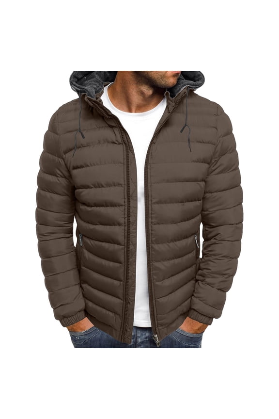 Men's Fleece Lined Hooded Winter Puffer Jacket Loose Lightweight Casual Solid Color Long Sleeve Full Zip up Warm Cotton Padded Outwear Coat for Cold Weather Brown XXL