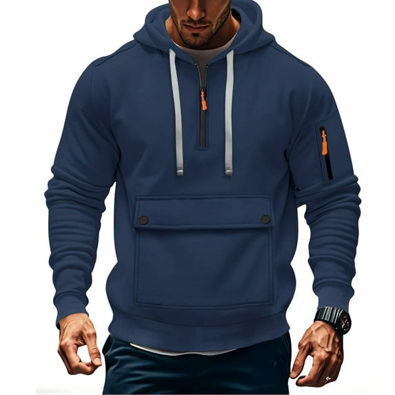 ZCFZJW Men's Fleece Workout Athletic Hoodie Jackets Long Sleeve Basic Quarter Zip up Hooded Pullover Sweatshirt with Big Button Pockets Navy M