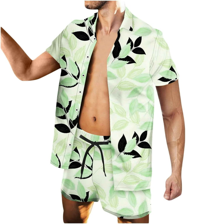 ZCFZJW Men s Flower Shirt Hawaiian Sets Casual Big and Tall Regular Fit Button Down Short Sleeve Shirts and Drawstring Beach Shorts for Summer